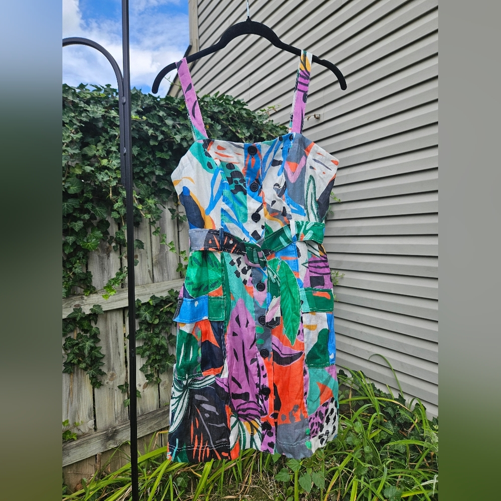 NWT Parker Weslyn Tropical Floral Linen Mini Belted Button Colorful Dress 6